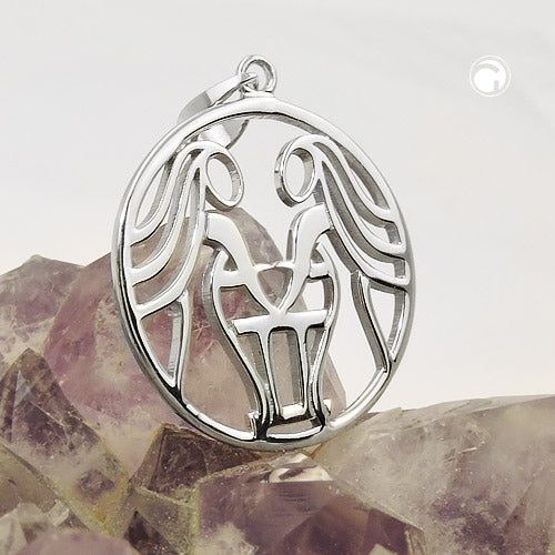 Pendant 21mm zodiac sign Gemini shiny rhodium-plated silver 925