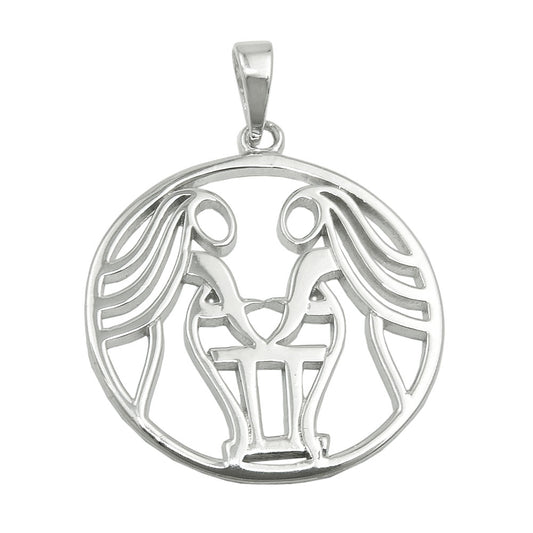 Pendant 21mm zodiac sign Gemini shiny rhodium-plated silver 925