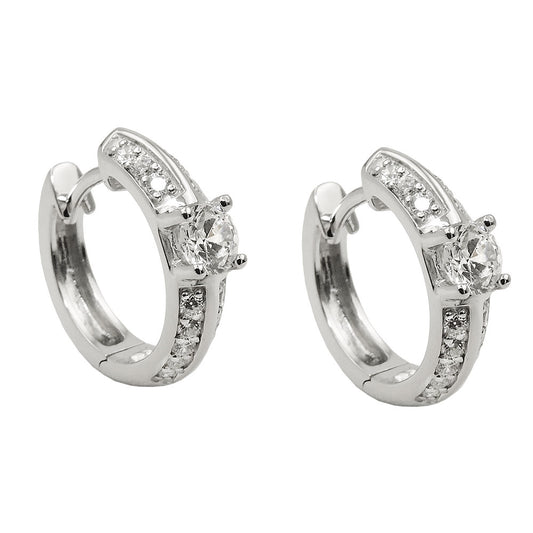 Hoop earrings 15x4mm with hinged closure and many zirconias, shiny rhodium-plated silver 925