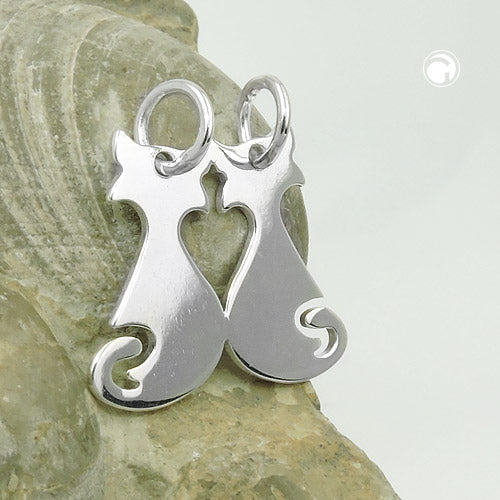 Pendant 18x21mm double cats shiny silver 925