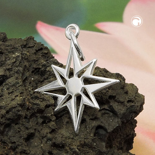 Pendant 14mm star wind rose shiny silver 925