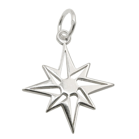 Pendant 14mm star wind rose shiny silver 925