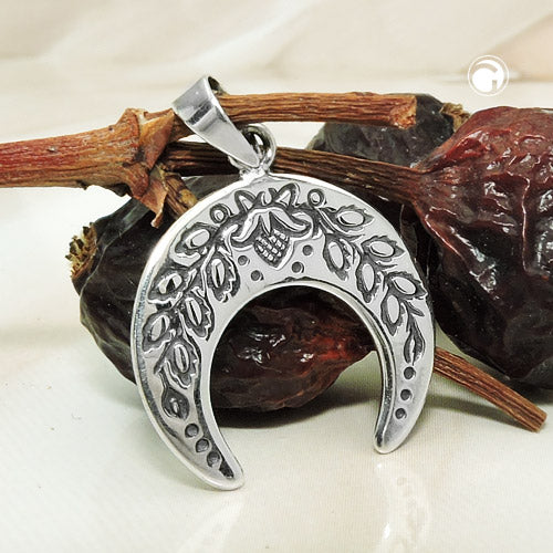 Pendant 17x18mm crescent moon with flowers blackened silver 925