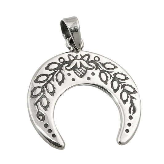 Pendant 17x18mm crescent moon with flowers blackened silver 925