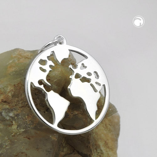 Pendant 16mm world atlas shiny silver 925