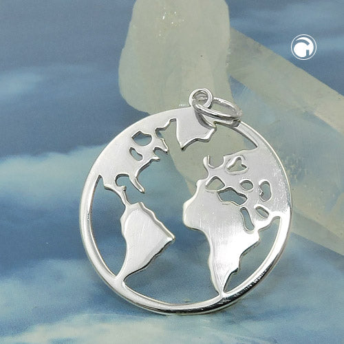Pendant 20mm world atlas shiny silver 925