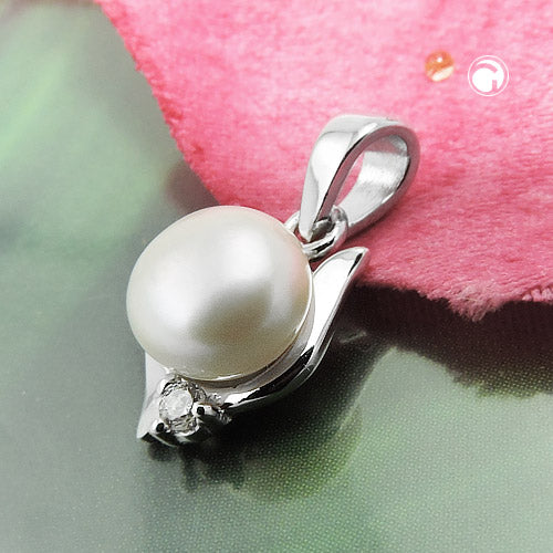Pendant 11x7mm freshwater cultured pearl with zirconia rhodium-plated silver 925 silver 925