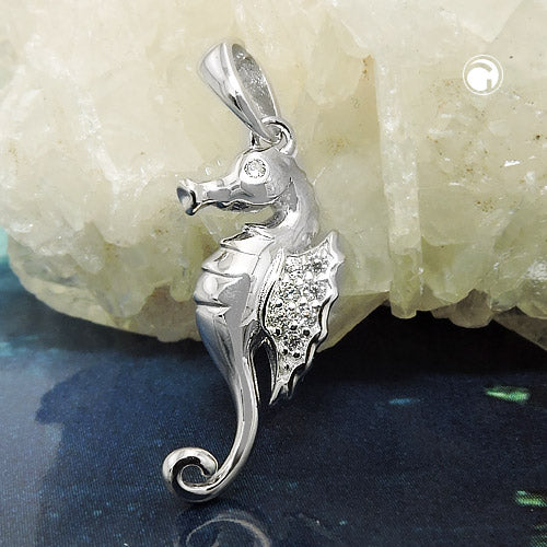Pendant 22x10mm seahorse with zirconias shiny rhodium-plated silver 925