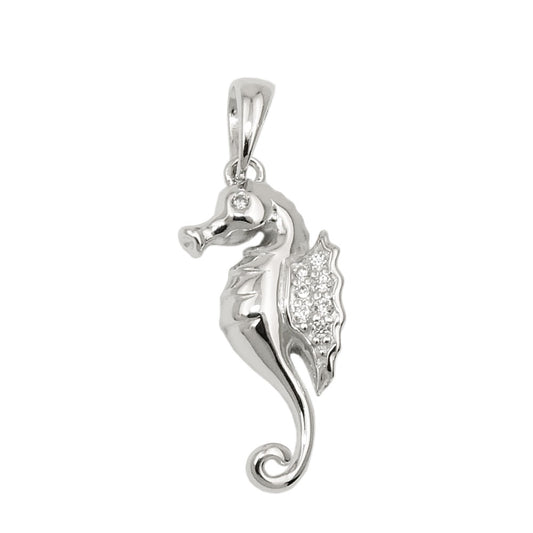 Pendant 22x10mm seahorse with zirconias shiny rhodium-plated silver 925