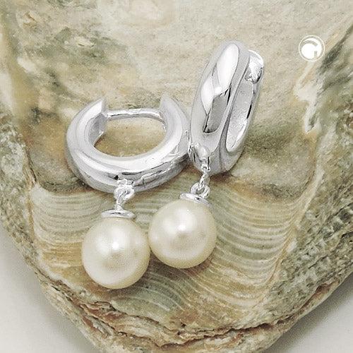 Hoop earrings 12x4mm with freshwater pearls, shiny silver 925