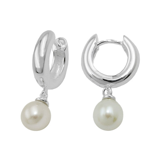 Hoop earrings 12x4mm with freshwater pearls, shiny silver 925