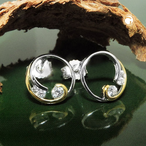 Stud earring 9mm circle with spiral bicolor with zirconias silver 925