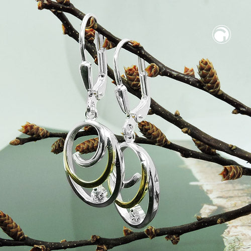 Ear leverback earrings 32x11mm oval bicolor with zirconia silver 925