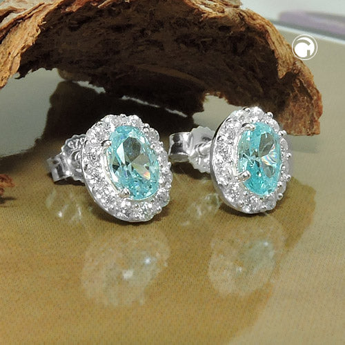 Stud earrings 9x7mm zirconias white and light blue silver 925