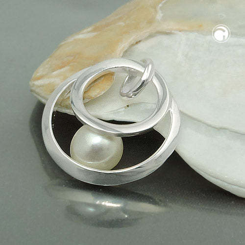 Pendant 16mm 2 circles with freshwater cultured pearl silver 925