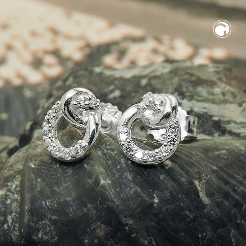Stud earrings 7x6mm small circle with knot and zirconias silver 925