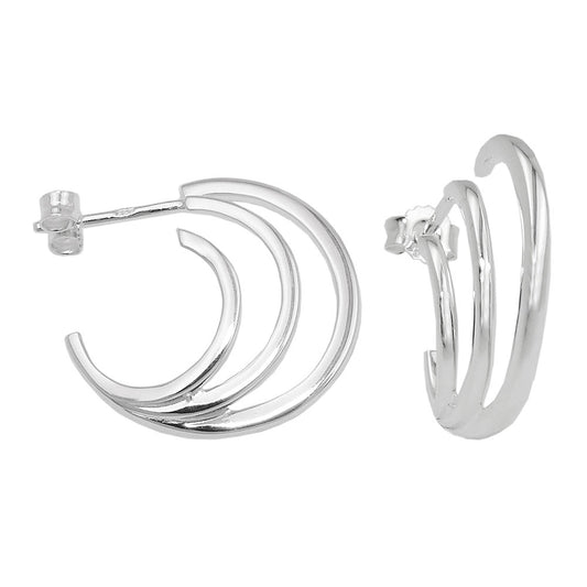 Stud earring 20x4mm creole 3 semicircles shiny silver 925