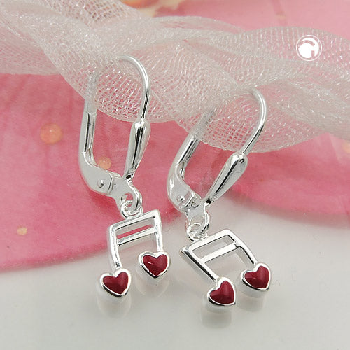 Ear leverback earrings earrings 24x7mm music note double notes with heart red silver 925