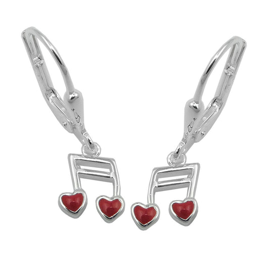 Ear leverback earrings earrings 24x7mm music note double notes with heart red silver 925