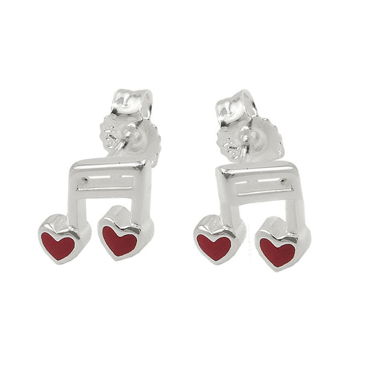 Stud earrings 6x7mm musical note double notes with heart red silver 925