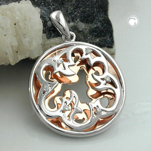 Pendant 22mm shiny rhodium-plated bicolor with red gold silver 925