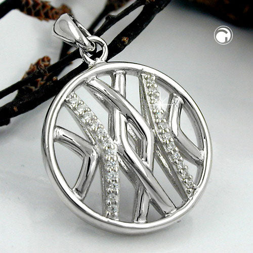 Pendant 19mm round with zirconias shiny rhodium-plated silver 925
