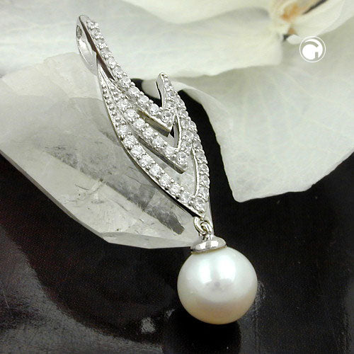 Pendant 36x9mm zirconias with cultured pearl silver 925