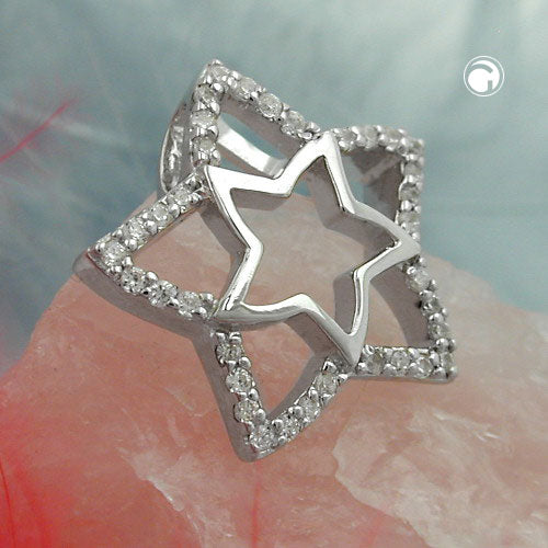 Pendant 17mm star with zirconias shiny rhodium-plated silver 925