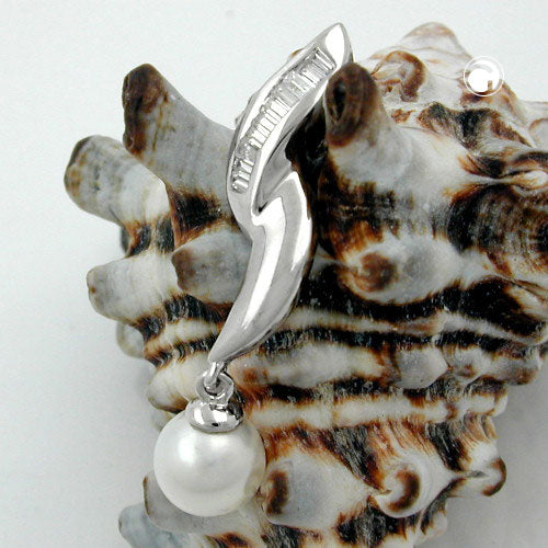 Pendant 34x8mm cultured pearl with zirconias rhodium-plated silver 925