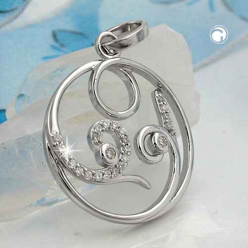 Pendant 26mm round with zirconias shiny rhodium-plated silver 925