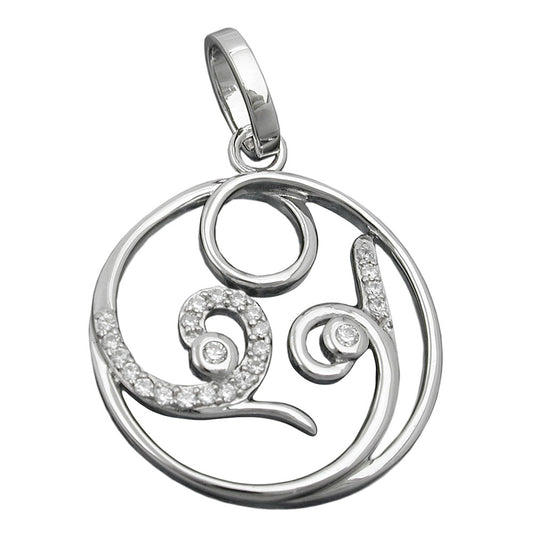 Pendant 26mm round with zirconias shiny rhodium-plated silver 925