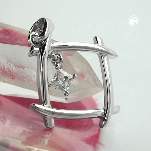 Pendant 21x21mm square zirconia shiny rhodium-plated silver 925