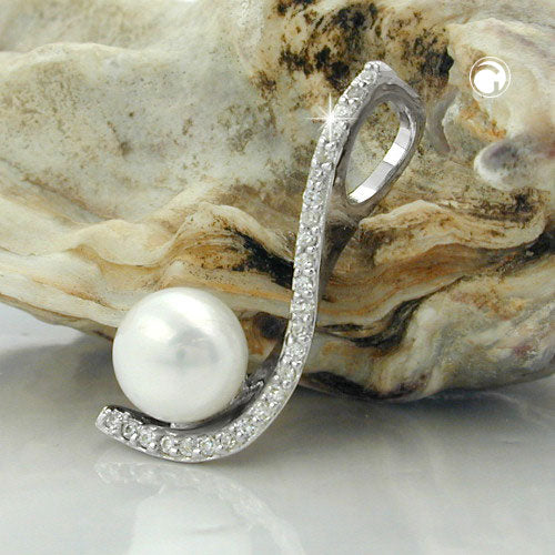 Pendant 25x10mm zirconias and cultured pearl rhodium-plated silver 925