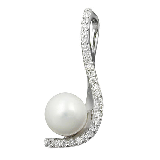 Pendant 25x10mm zirconias and cultured pearl rhodium-plated silver 925