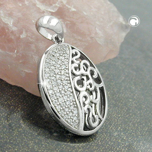 Pendant 20x15mm oval with zirconias shiny rhodium-plated silver 925