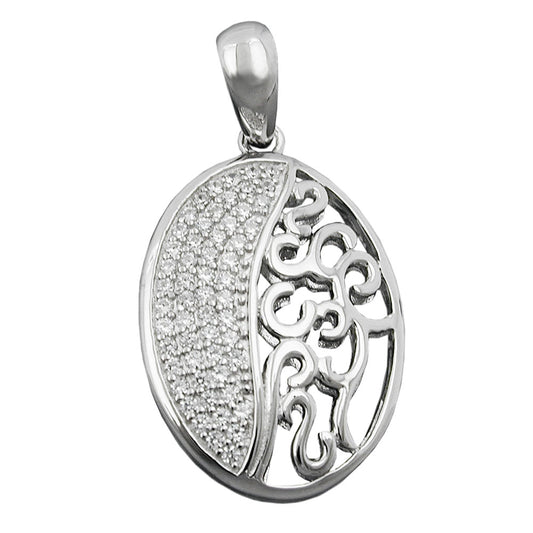 Pendant 20x15mm oval with zirconias shiny rhodium-plated silver 925
