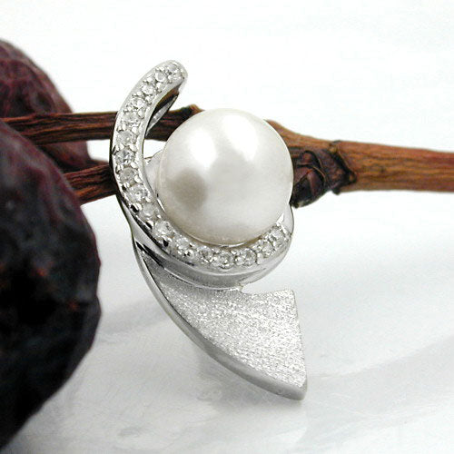 Pendant 20x9mm zirconia and pearl rhodium-plated silver 925