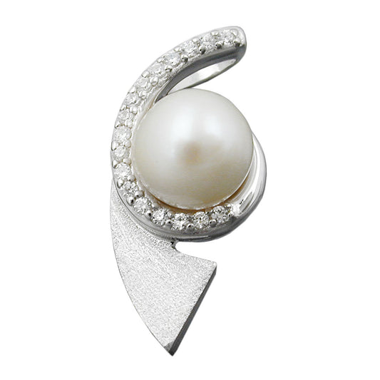 Pendant 20x9mm zirconia and pearl rhodium-plated silver 925