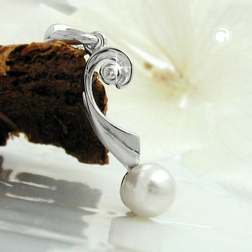 Pendant 21x6mm cultured pearl with zirconias rhodium-plated silver 925