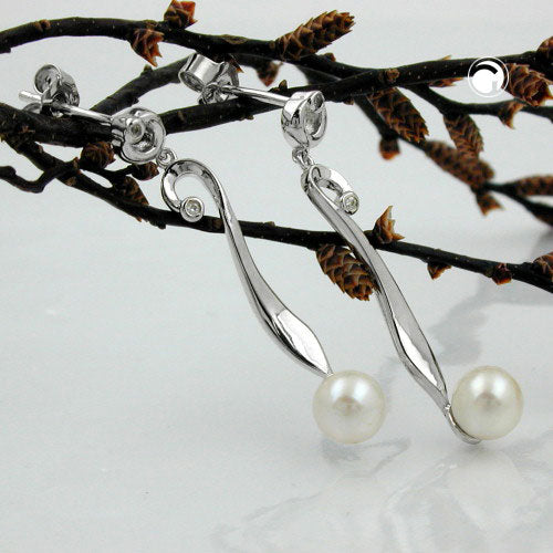 Stud earrings 34x6mm earrings with cultured pearl 6mm and zirconia rhodium-plated silver 925