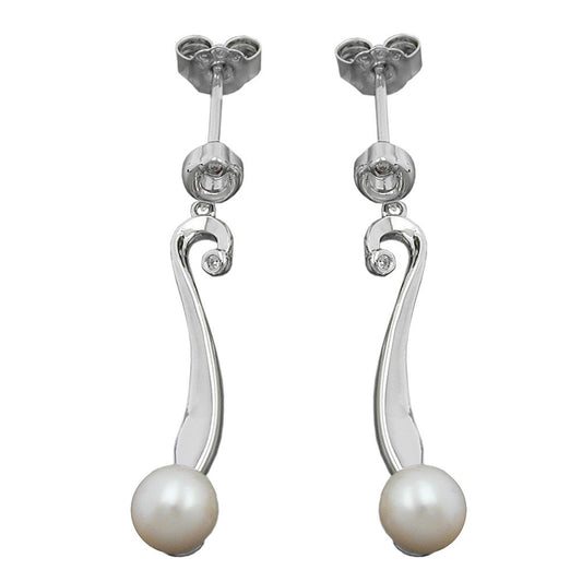 Stud earrings 34x6mm earrings with cultured pearl 6mm and zirconia rhodium-plated silver 925