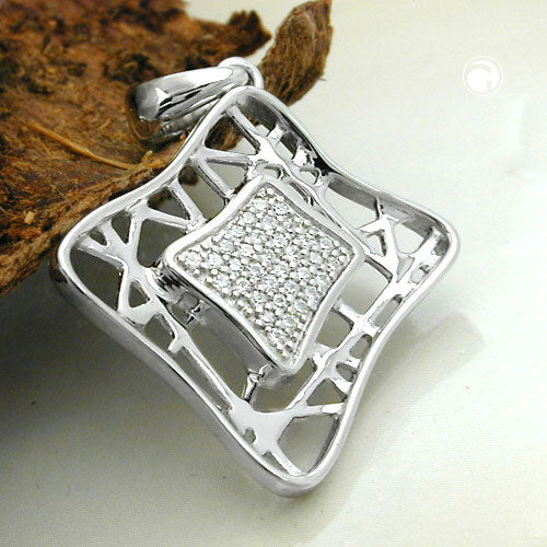 Pendant 23x23mm square zirconias shiny rhodium-plated silver 925