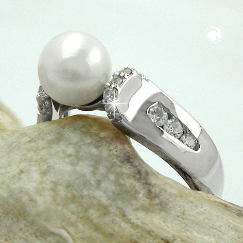 Ring mit 7mm Zuchtperle und vielen Zirkonias rhodiniert Silber 925