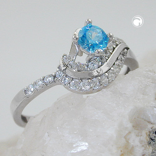 Ring 10mm Zirkonias aqua und weiß glänzend rhodiniert Silber 925