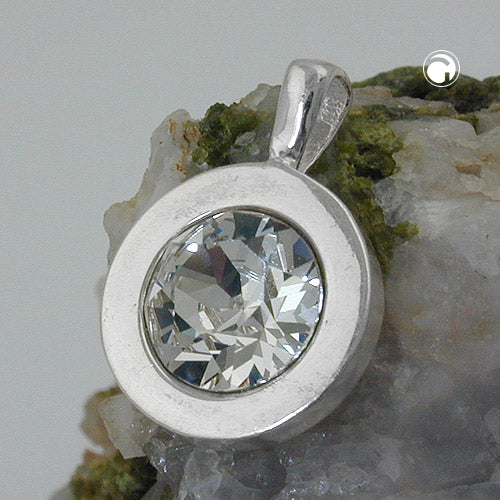 Pendant 11mm glass stone white in bezel setting shiny silver 925