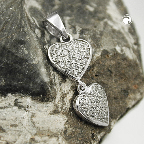 Pendant 20x8mm two hearts with zirconias rhodium-plated silver 925