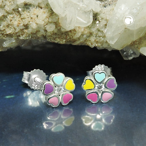 Stud earring 6mm flower colorful painted with zirconia silver 925