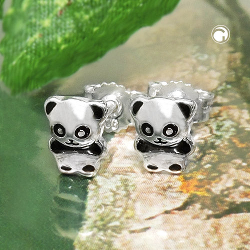 Stud earring 6x5mm small panda bear shiny black lacquered silver 925