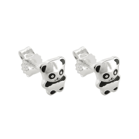 Stud earring 6x5mm small panda bear shiny black lacquered silver 925