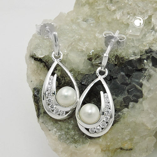 Stud earrings earring 20x9mm freshwater cultured pearl with zirconias silver 925